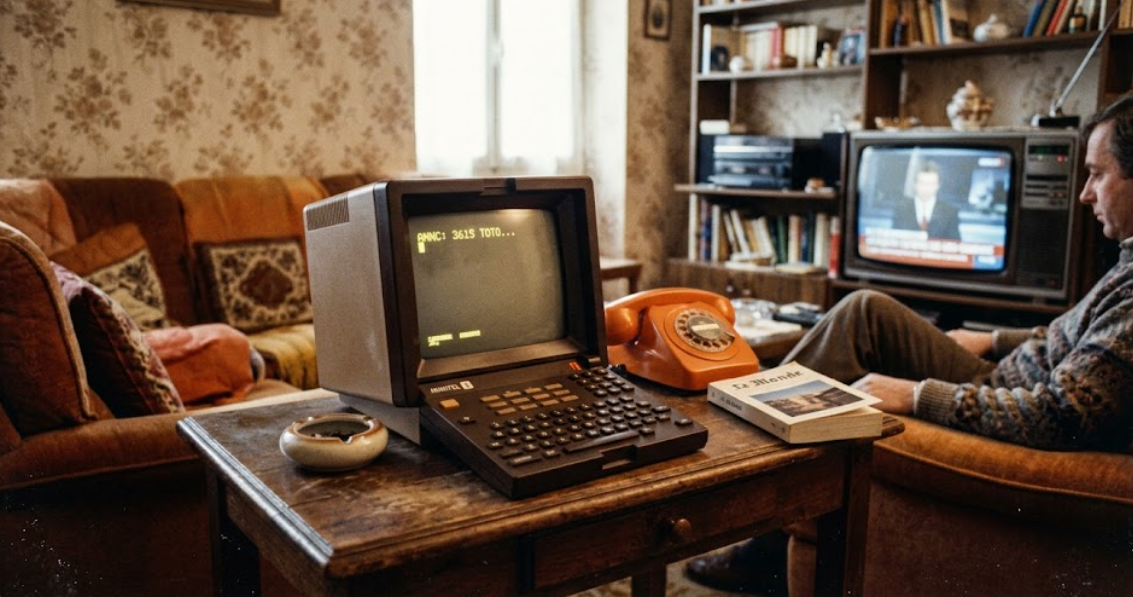 Terminal Minitel vintage photographié dans le salon