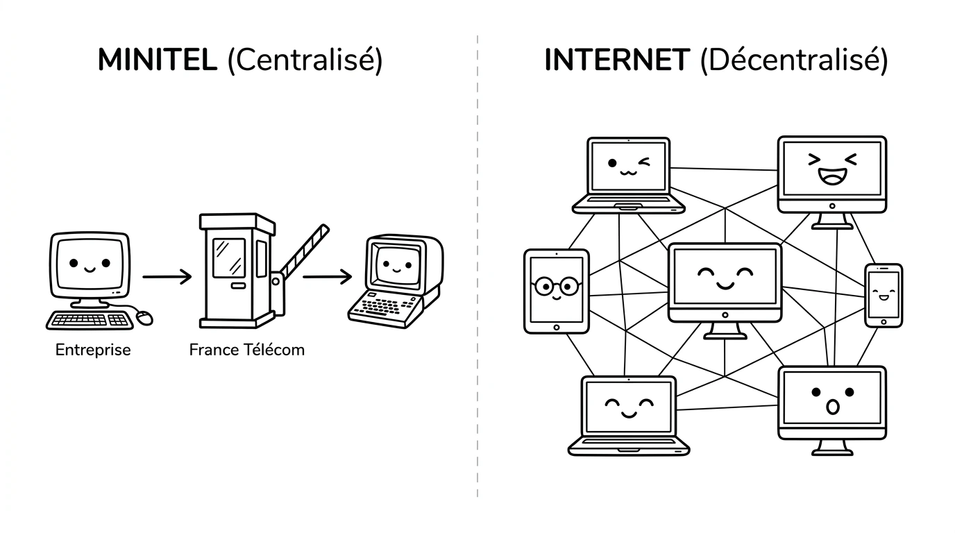 Schéma comparatif doodle : Minitel fermé et centralisé avec péage France Télécom versus Internet ouvert et décentralisé
